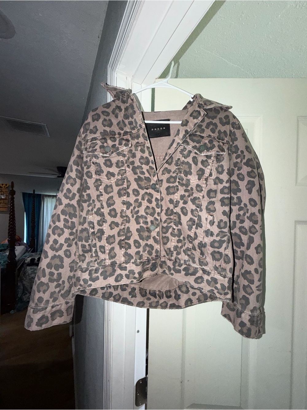 Blank NYC Taupe Leopard Cropped Jean Jacket